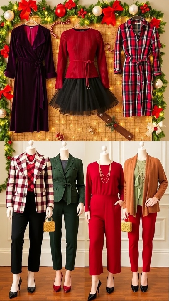 Stylish Christmas outfits for midsize women including dresses, sweaters, and blazers on a festive backdrop.